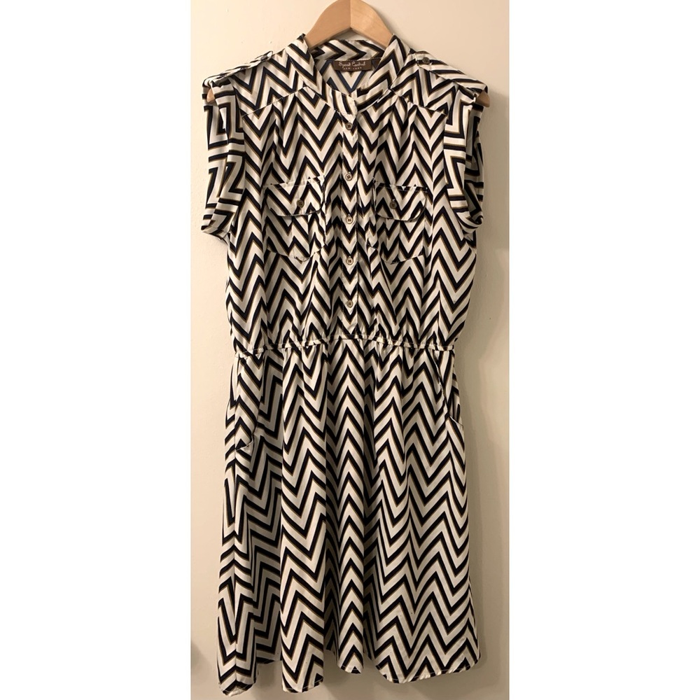 White sleeveless dress with blue/gold chevron stripes